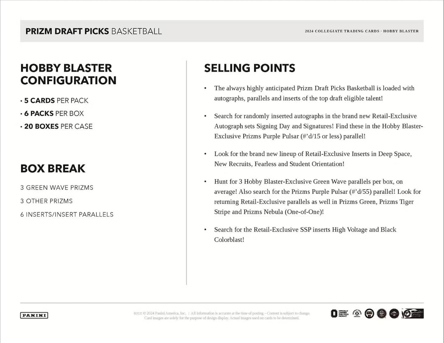 2024 Panini Prizm Collegiate Draft Picks Basketball Trading Card Hobby Blaster Box (Exclusive Green Wave Prizms)