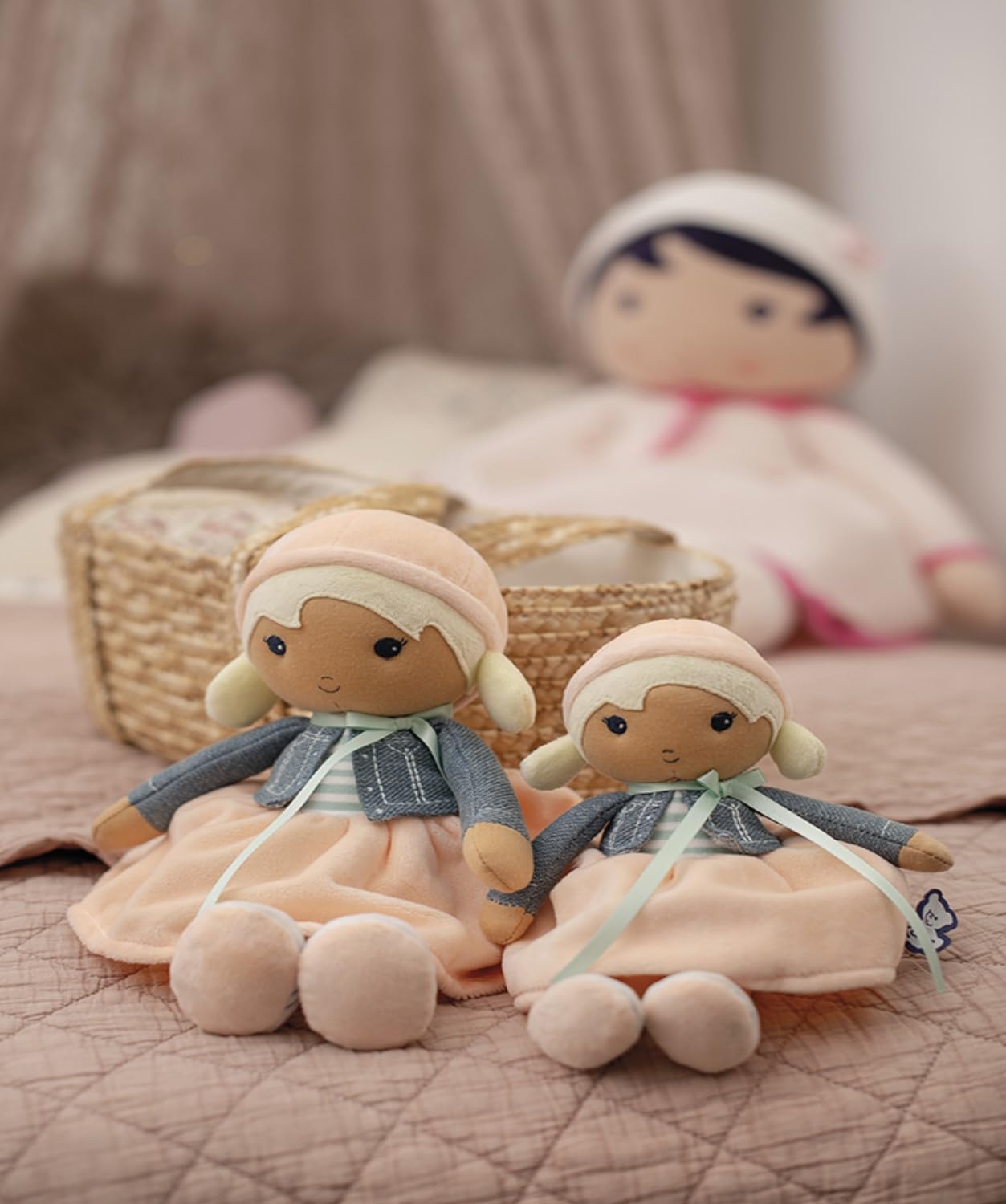 Kaloo Tendresse My First Fabric Doll Chloe K 9.75” Medium Soft Plush Figure In Peach And Striped Dress, Denim Jacket And Blonde Hair With Embroidered Face Machine Washable For Ages 0+, K963659