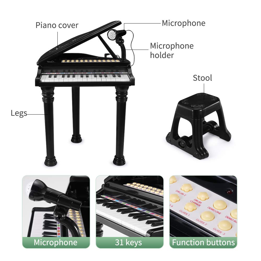 Love&Mini Piano Keyboard Toys For Kids - 31 Keys Toddlers Piano Toys With Microphone And Stool, Black Piano For Kids Age 3+ Year Old Girls Boys Birthday Gifts