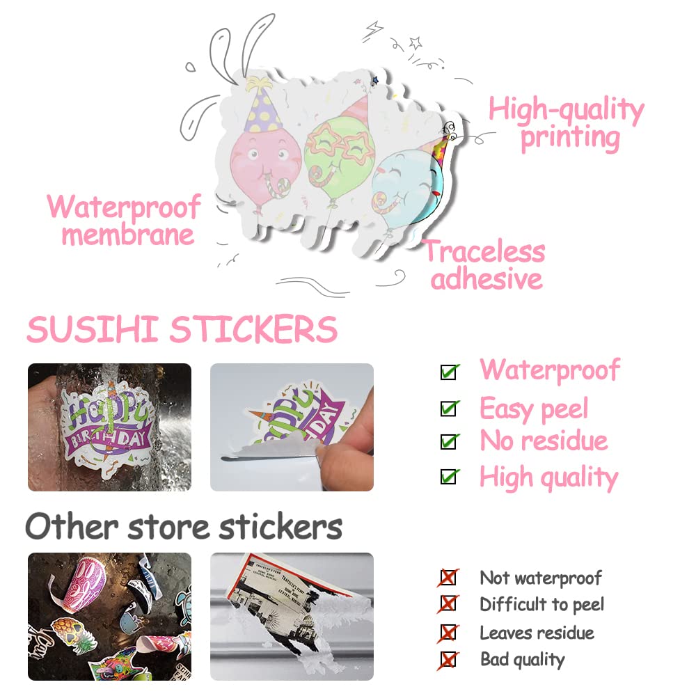 SUSIHI Birthday Stickers Pack - 50 Vinyl Party Stickers for Kids & Adults, Scrapbooking, Cards, Birthday Theme