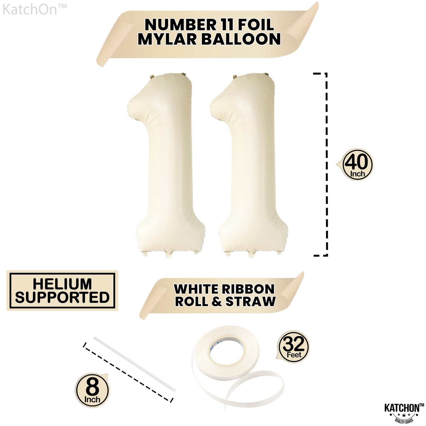 Katchon, Cream White Large Number 11 Balloon - 40 Inch | 11 Birthday Balloon Decor | 11Th Birthday Decorations For Party | Cream Number 11 Balloon | 11 Year Old Balloon, 11Th Anniversary Balloon Dècor