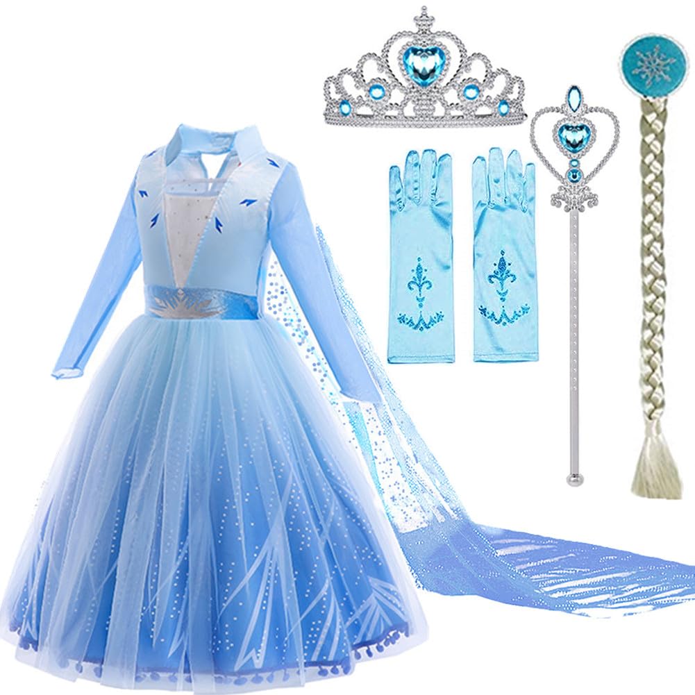SOTOTOO Elsa Costume Long Sleeves Princess Dress Queen White Costume Cosplay Dress Up with Accessories Halloween (Sky Blue,10-12