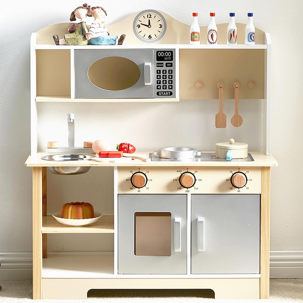 Wooden Play Kitchen, Kids Toy Kitchen Cooking Set, Kids Play Kitchen Pretend Play Set, Pretend Kitchen Playset for Toddlers Boys