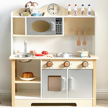 Wooden Play Kitchen, Kids Toy Kitchen Cooking Set, Kids Play Kitchen Pretend Play Set, Pretend Kitchen Playset for Toddlers Boys