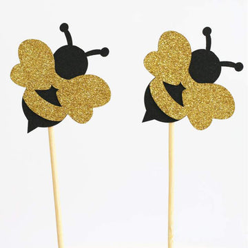 Festiko 10 Pieces Glitter Sticks Bumble Bee Cupcake Cake Toppers Decorations Birthday Party Supplies