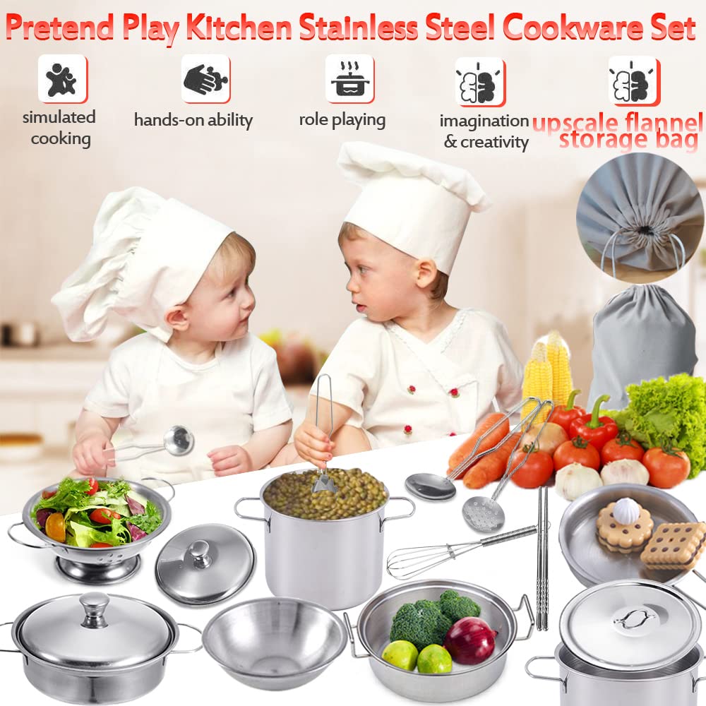 Mini Kids Stainless Steel Cookware Kitchen Cooking Toys Pretend Utensils with Cookware Play Pots and Pans Playset ,Cooking Utens