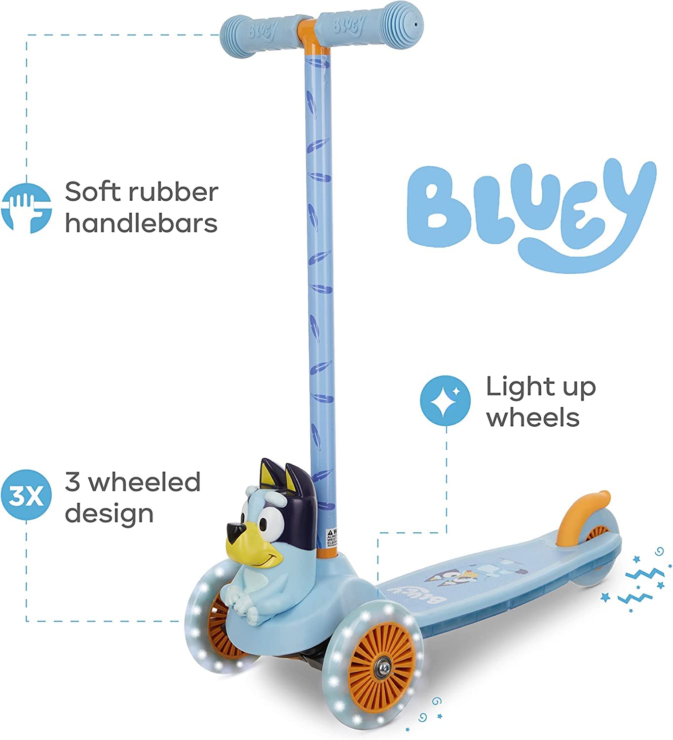 Voyager Bluey 3D Kick Scooter for Kids, 3-Wheel Light Up, Anti-Slip Deck, Lean to Steer, 75 LB Limit, Ages 3+