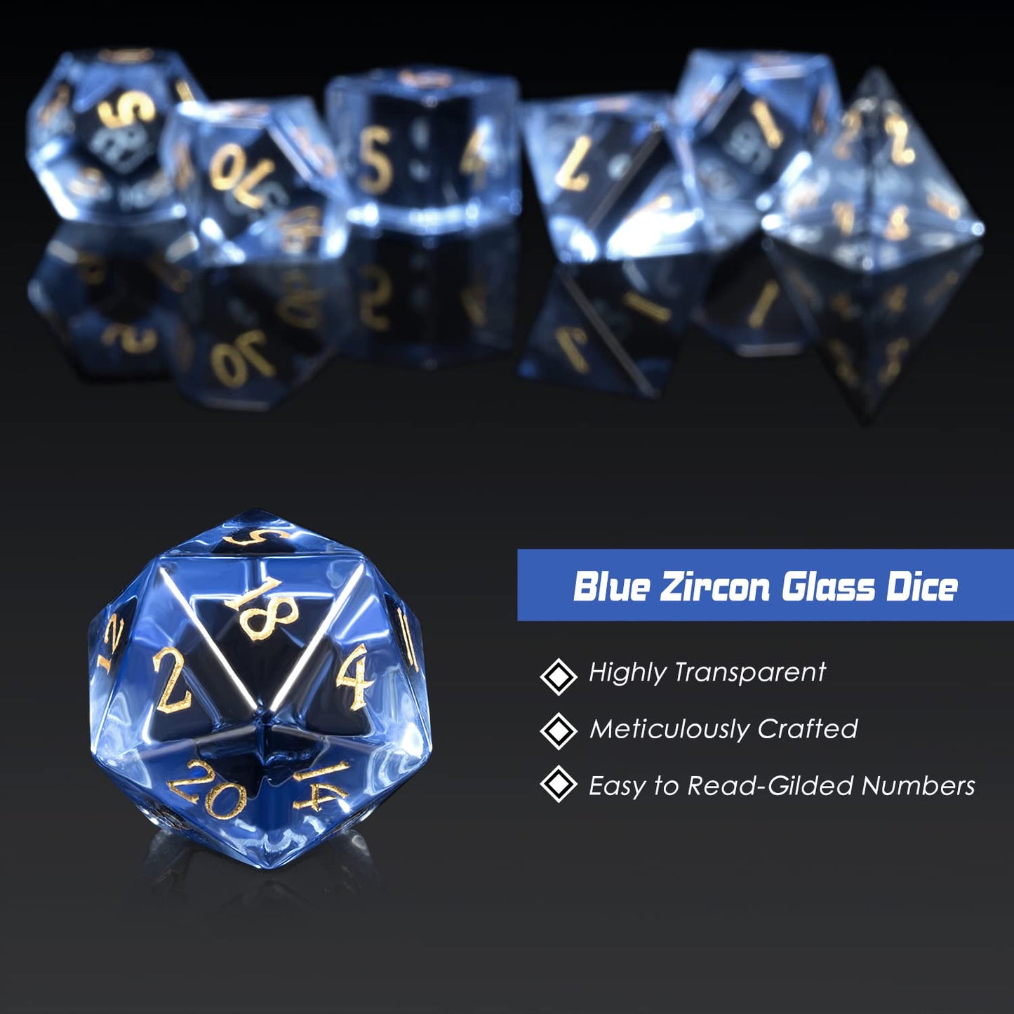 Glass DND Dice Set DNDND 7 Piece Zircon Dice with Great Gift Box for D&D Dungeons and Dragon Tabletop Game (Blue Glass with Gold