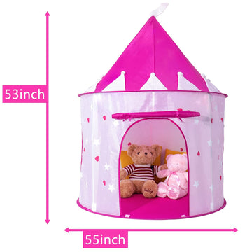 Princess Castle Play Tent With Glow In The Dark Stars, Foldable Pink Pop Up Kids Tent Playhouse Toys, For Indoor Outdoor Toddler