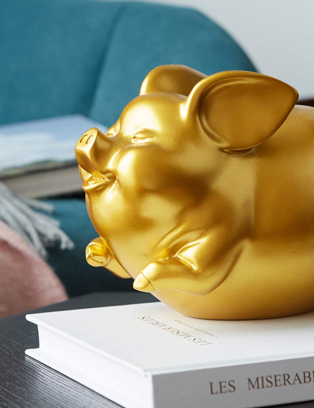 Haucoze Piggy Bank Coin Bank Pig Statue Gifts Modern Arts Figurine Polyresin Gold 8.3Inch