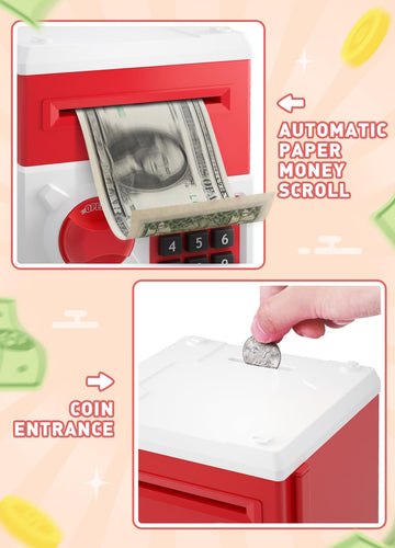 Piggy Bank For Girls Boys Large Electronic Money Coin Banks With Password Protection, Automatic Paper Money Scroll Saving Box, Great Gift For Kids (Red-White)