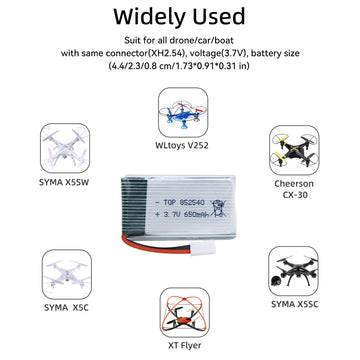 Tosiicop 3.7v Drone Lipo Battery - 2 Pack 650mAh Rechargeable Batteries for SYMA X5 Serial UVA Quadcopter Drones XH2.54 Connecto