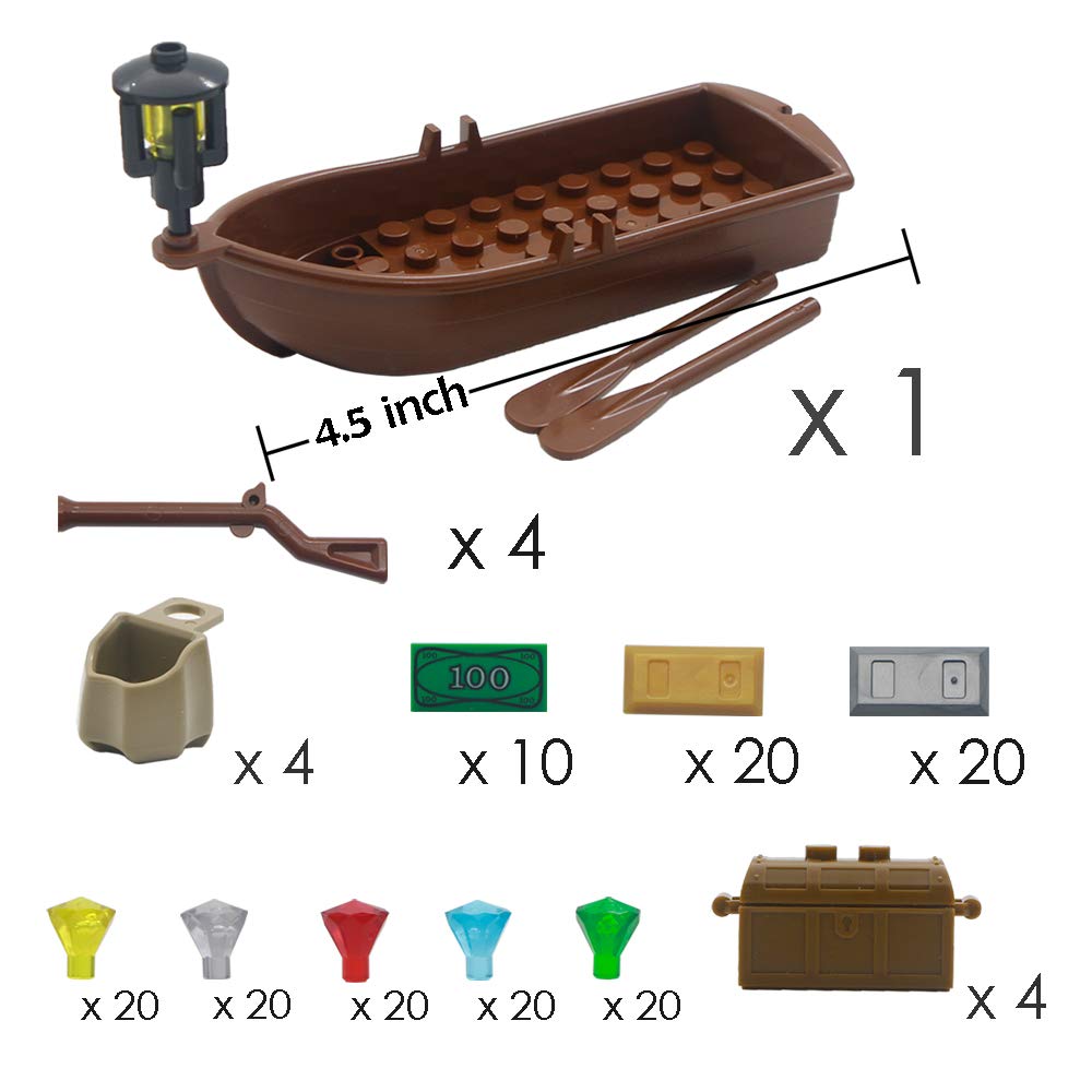 Brotex Pirate Accessories Money - Treasure Chest Building Block Bricks Pack, Money Gold Bar, Gems Diamonds, Jewels With Pirate Boat Ship People Parts, Building Bricks Set