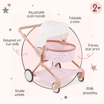 Lullababy - Doll & Twin Stroller Accessories Set - Foldable Canopy & Storage Basket - Pink & Golden Stars Design - Pretend Play