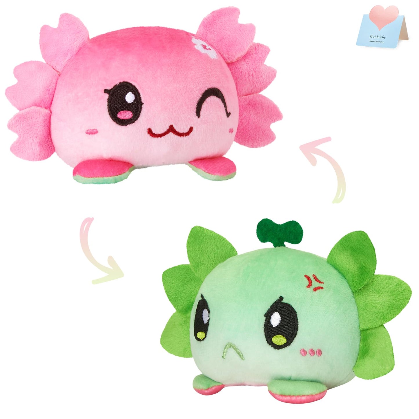 Glow Guards 4'' The Double-Sided Reversible Axolotl Plushie - Pink + Green - Cute Sensory Fidget Stuffed Animals That Show Your