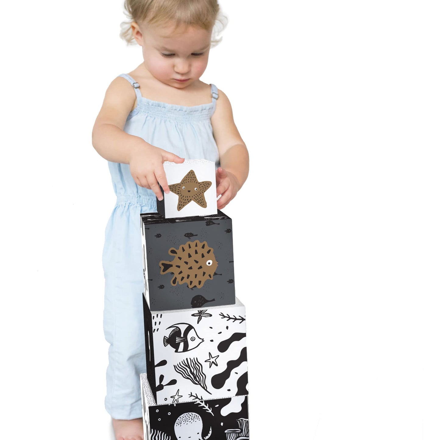 Wee Gallery Nesting Blocks - Ocean Animals And Numbers - Black And White Stacking And Building Toy For Toddlers And Kids - Motor