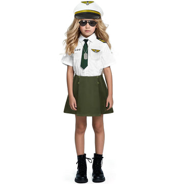 G.C Girls Pilot Costume Kids Dress Up Outfits Toddler Sunglasses Hat Accessories Halloween Cosplay Role Play Party Gifts