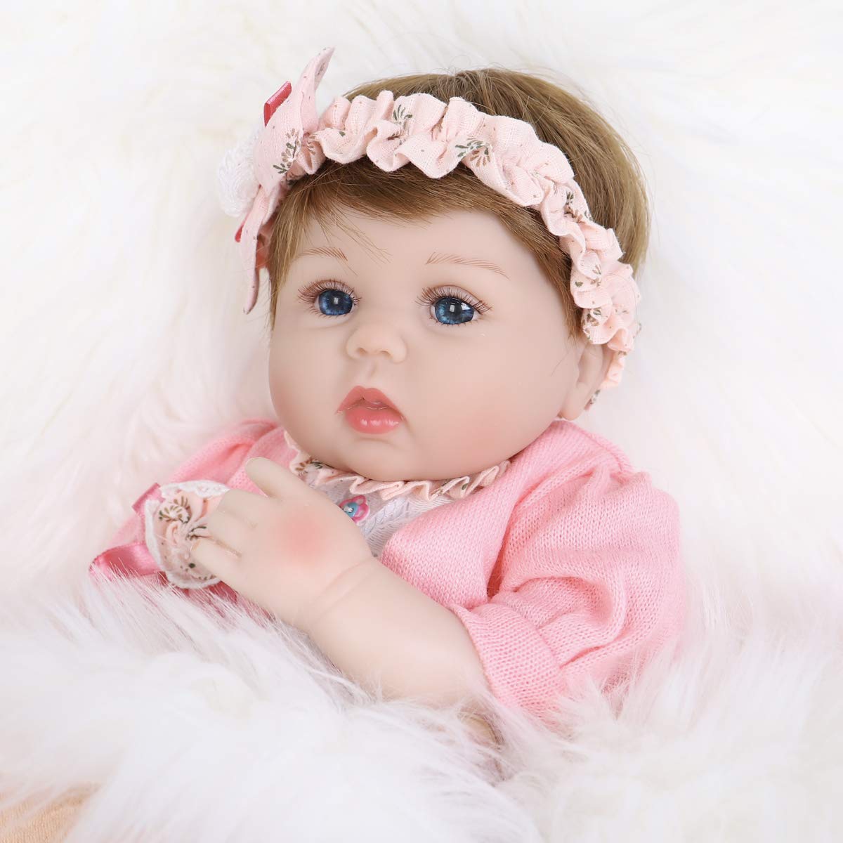 Enadoll Reborn Baby Doll Realistic Silicone Vinyl Baby Pink Hairband Girl 16 Inch Weighted Soft Body Lifelike Doll Gift Set For Ages 3+(Pink Hairband)