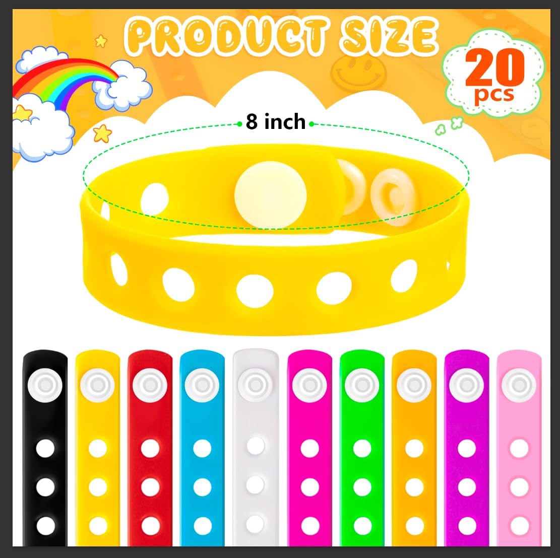 HTZNHXT 20 Pcs Silicone Charm Bracelets, 8 Inch Bracelets Bulk Band for Kids, Silicone Wristbands Adjustable Rubber Bracelets Ho