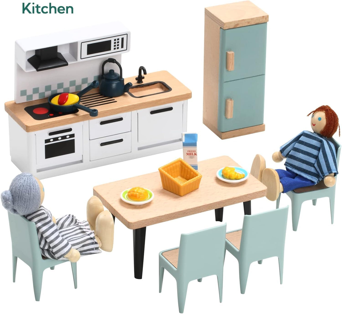 Giant Bean Wooden Dollhouse Furniture Set, 36pcs with 4 Family Dolls, Small Pretend Play Toys for Boys & Girls 3Y+