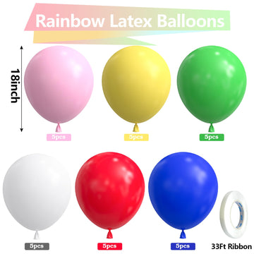Bezente Rainbow Balloons 18 Inch - 30 Pack Large Thick Assorted Balloons Big Round Colorful Latex Balloons For Birthday Baby Sho
