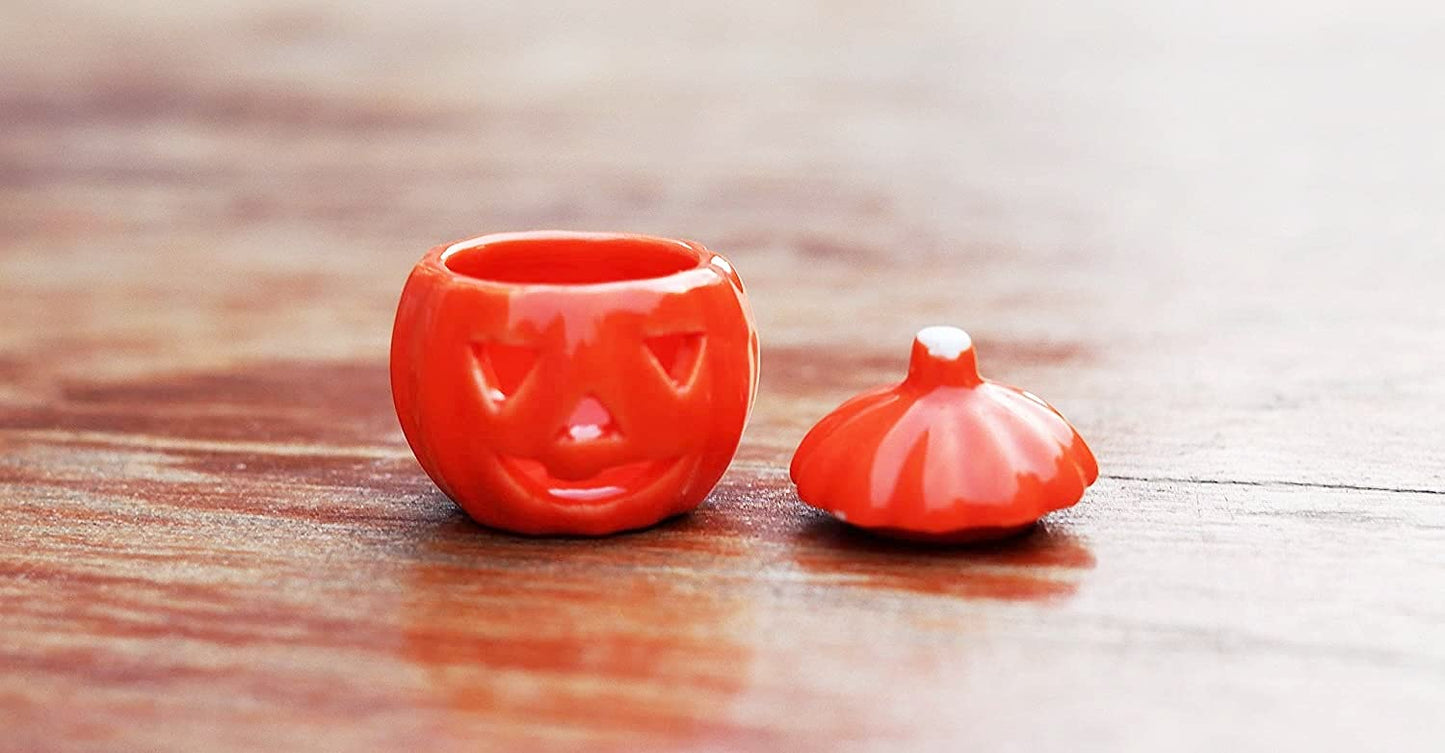 1shopforyou 2 Pcs Dollhouse Miniatures Ceramic Halloween Pumpkin Carved Jack-O-Lantern