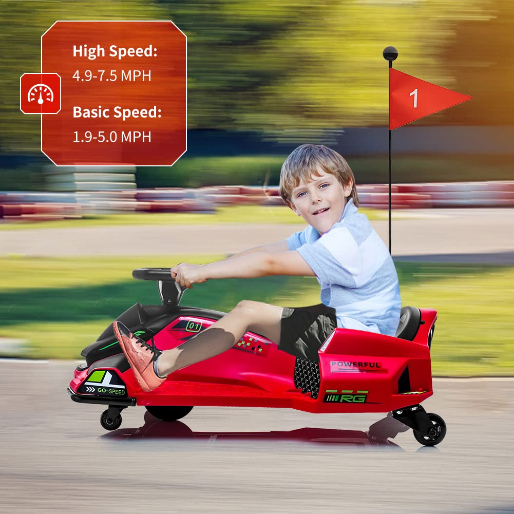 24V Kids Ride On Drift Car For Kids, Electric Drifting Go-Kart Up To 7.5 Mph Variable Speed, Built-In Music,Colorful Led Light,U
