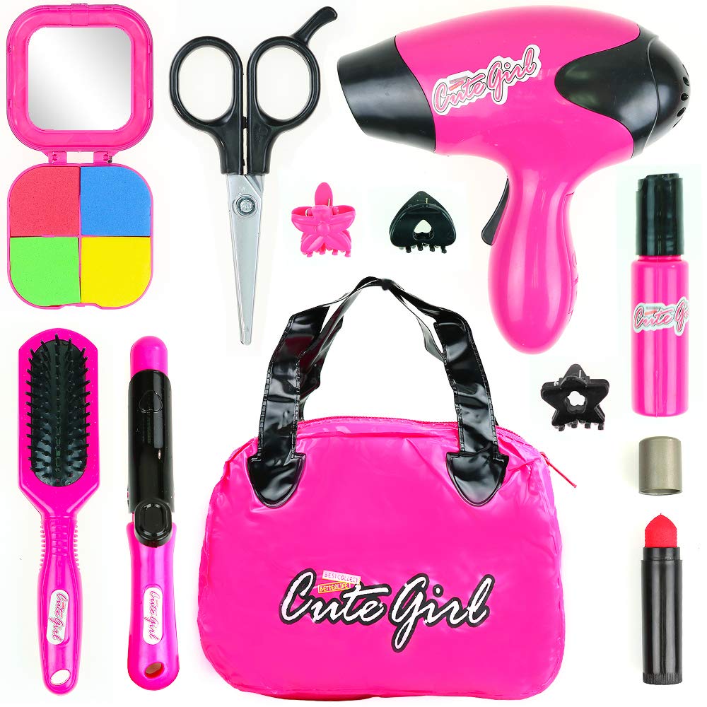 Big Mos Toys Kids Beauty Makeup and Hair Salon Set, Girls Pretend Play Toy with Cosmetic Bag, Hairdryer, Curling Iron, Blush Pal