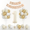 Yumiche Birthday Decorations Kit - 40" Cream Number 1 Balloon & HAPPY BIRTHDAY Banner with 12" White Sand Metallic Gold Balloons