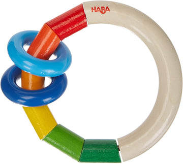 HABA Wooden Rainbow Teething Rattle Toy for Babies 0-18 Months - Kringlering Wood Grasping Toy with Plastic Rings - Sensory Toys