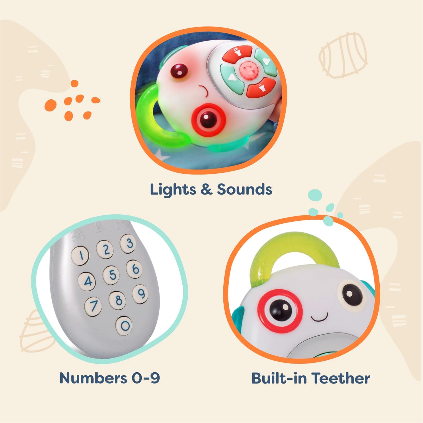 B. toys Baby Musical TV Remote Control - Interactive Sensory Toy with Learning Numbers, Songs & Light-Up Buttons for Ages 6 Months & Up