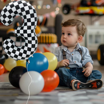 Eoopoon 42 Inch Checkered Number Balloon 3, 3rd Race Car Flag Birthday Party Supplies for Boys Girls, Large Black and White Numb