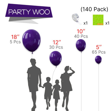 PartyWoo Royal Purple Balloons, 140 pcs, Rubber, 5-18 Inch Sizes for Garland/Arch Decorations, Color: Purple-Y16