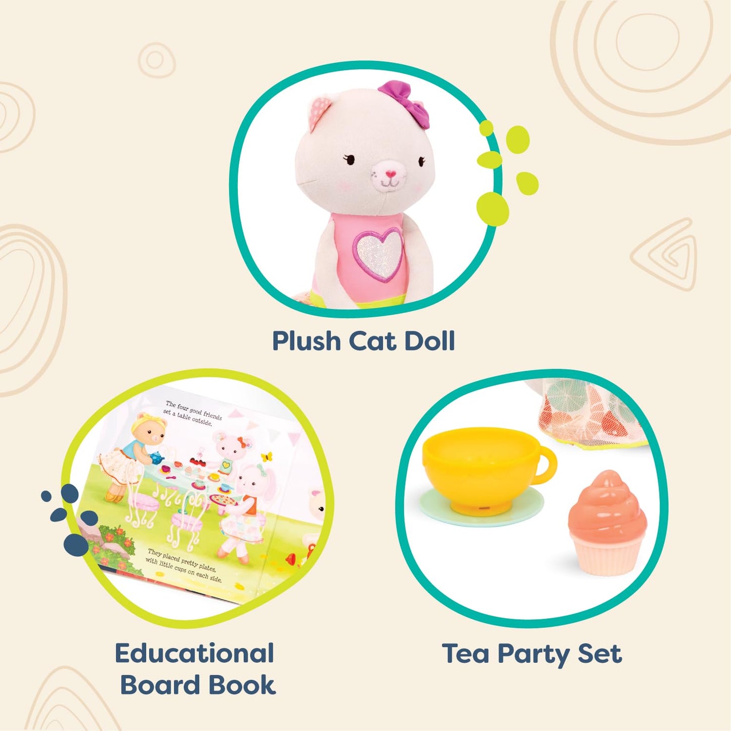 B. Toys- Tippy Toes- Cali Cat- Plush Cat Playset- Pretend Play – Tea Party Set – Plush Cat Doll – Board Book – Cups & Play Food – 2 Years +