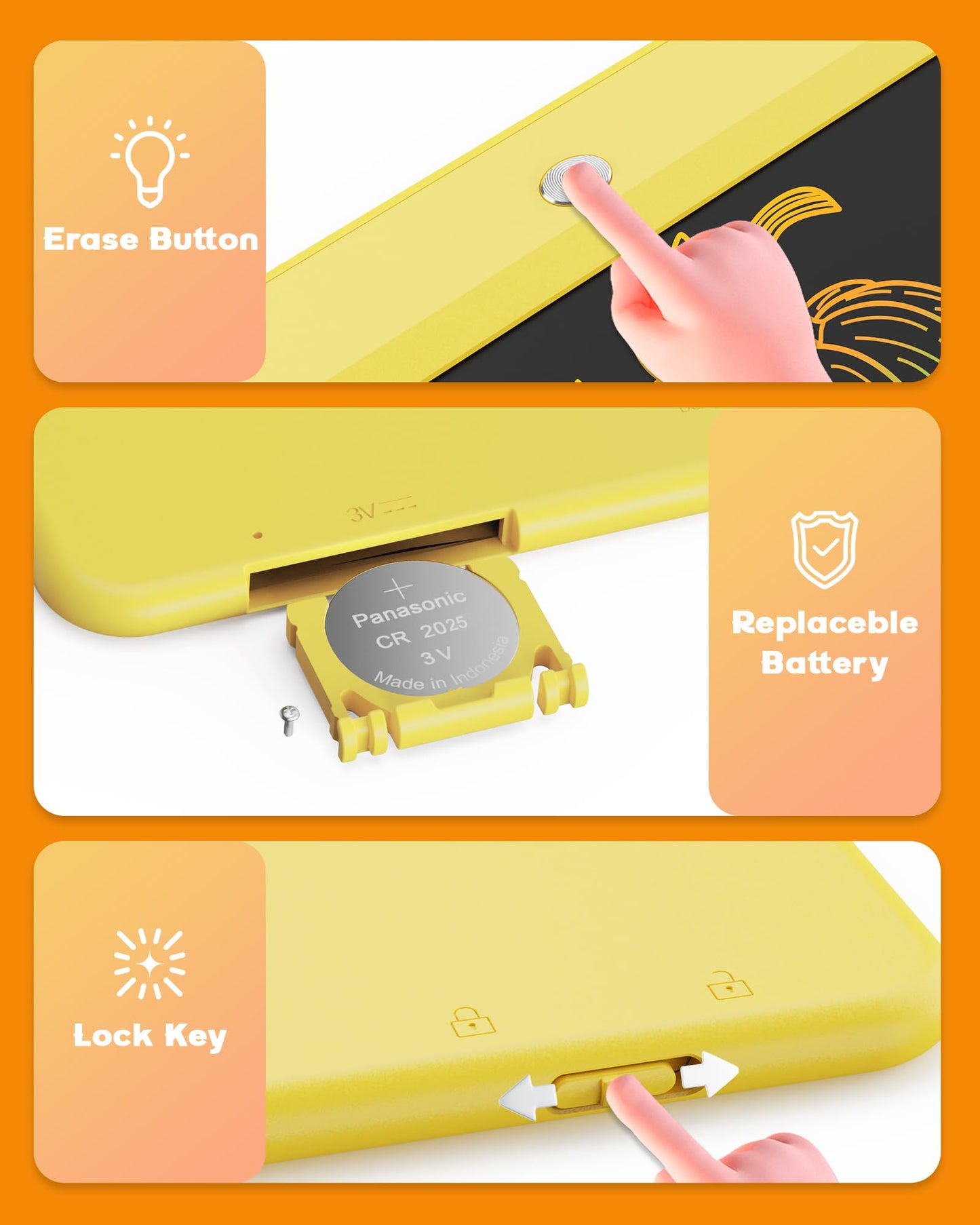 Bravokids Lcd Writing Tablet For 3-8 Year Old Girls And Boys - 10 Inch Electronic Doodle Board Drawing Pad, Educational Birthday Gift For Kids And Toddlers (Yellow)