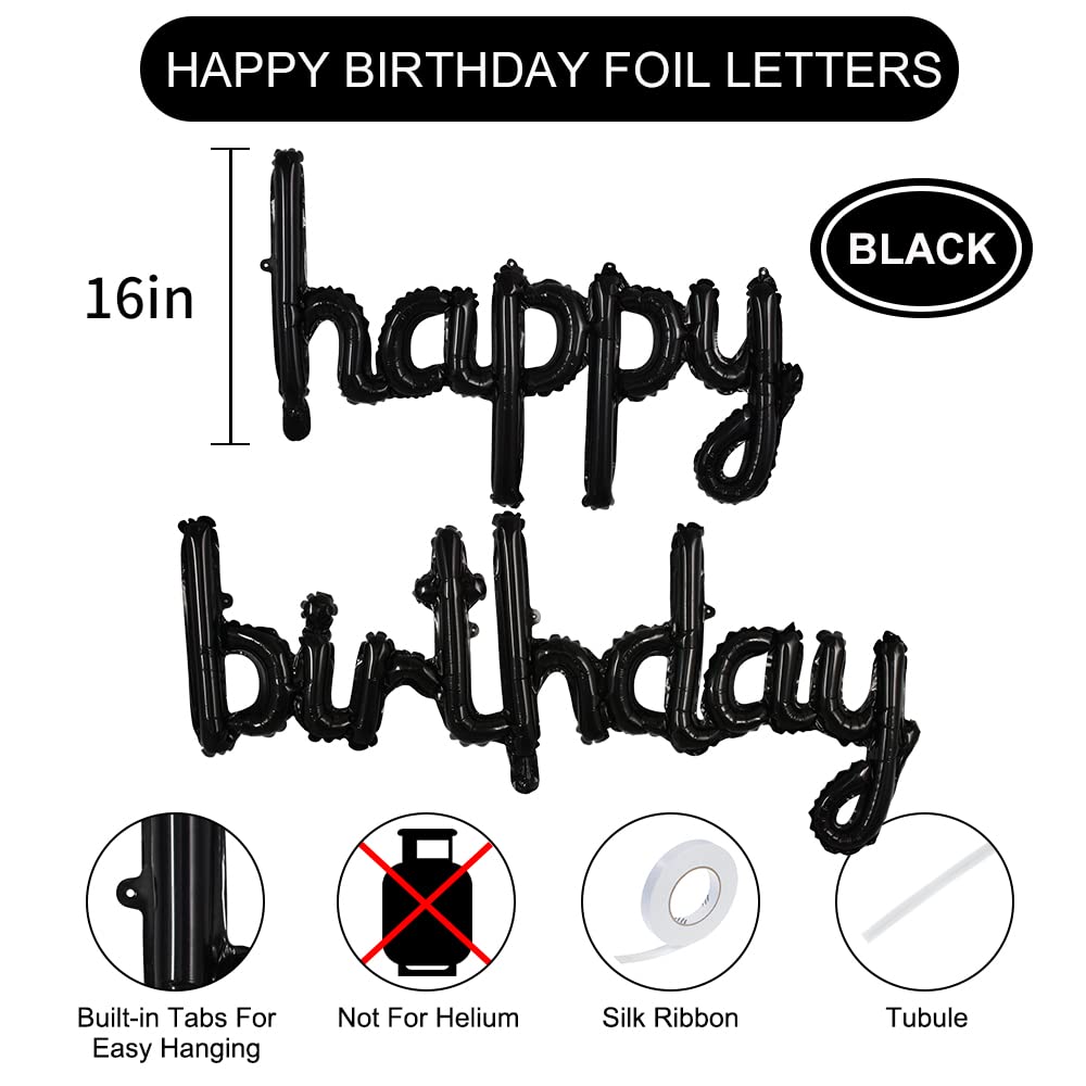Toniful Black Happy Birthday Balloons Banner, 16 Inch Mylar Foil Script/Cursive Letters Birthday Sign Banner Balloon Reusable Ma
