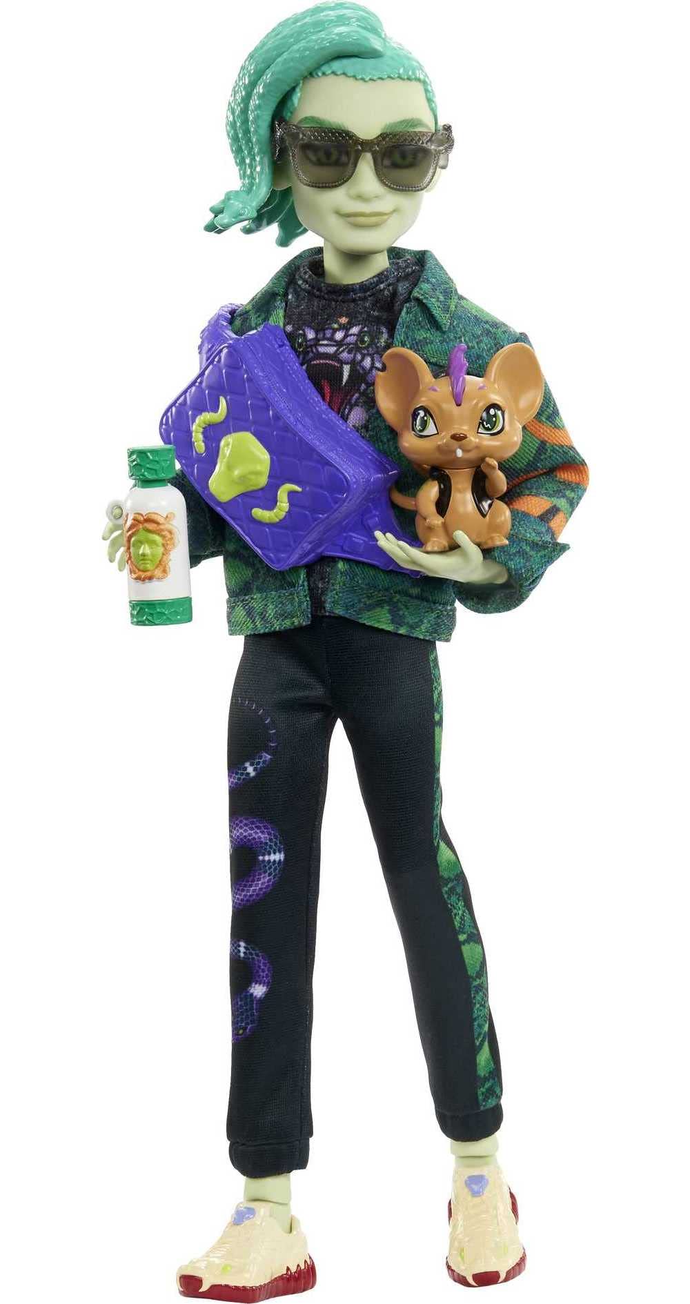 Monster High Deuce Gorgon Doll with Denim Snake Jacket & Accessories, Pet Mouse Perseus, 11.81 Tall, Multicolor