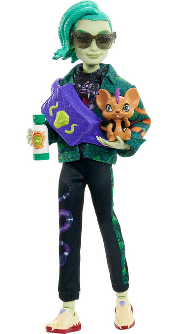 Monster High Deuce Gorgon Doll with Denim Snake Jacket & Accessories, Pet Mouse Perseus, 11.81 Tall, Multicolor