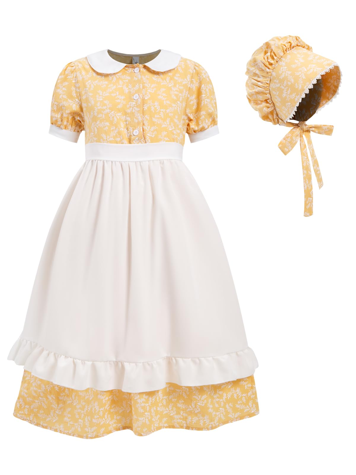 Fortmac Pioneer Dresses For Girls Colonial Prairie Dress Girls Short Sleeves 1800S Pilgrim Costume With Apron And Bonnet Yellow