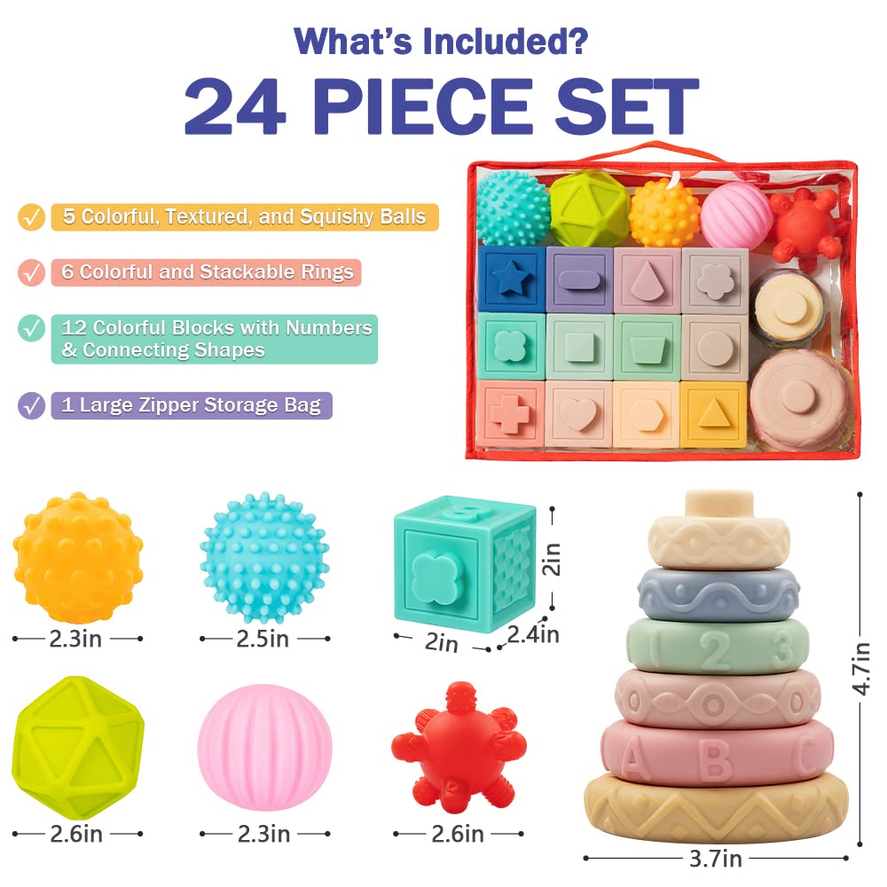 Jyusmile Baby Toys 6-12 Months, Montessori Toys For Babies 6-12 Months, Incl Stacking Building Blocks & Soft Infant Teething Toys & Sensory Balls For Toddlers 0-3-6-9-12 Months
