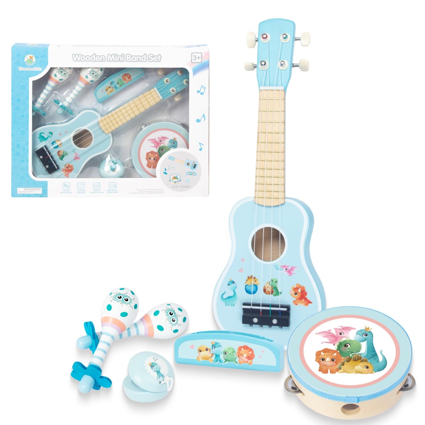 Woodenedu Kids Guitar For Girls, Wooden Musical Instruments Toys With Ukulele, Tambourine, Maracas, Harmonica, Mini Band Sets Fo