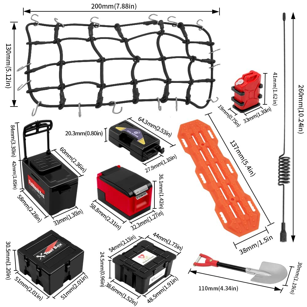 Globact 10Pcs Rc Crawler Accessories Roof Simulation Decoration Luggage Net/Fishing Box/Oil Drum/Shovel/Antennas/Recovery Board
