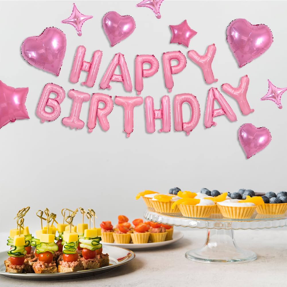 Toniful 35Pcs Light Pink Happy Birthday Decorations 16 Inch Happy Birthday Balloon Banner With Star Balloons Mylar Foil Birthday