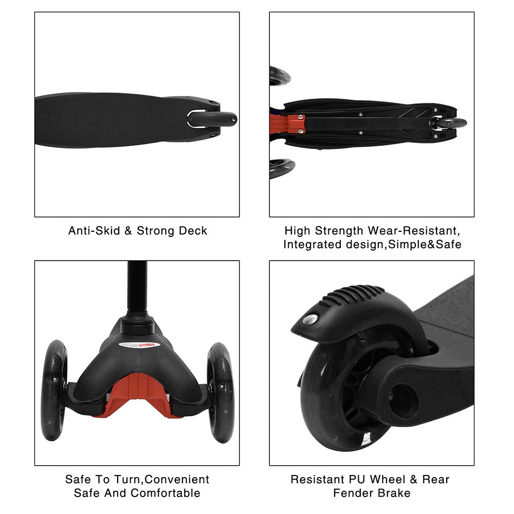 Chromewheels Scooter For Kids, Deluxe 4 Adjustable Height 3 Wheels Glider With Kick, Lean To Steer With Led Flashing Light, Black