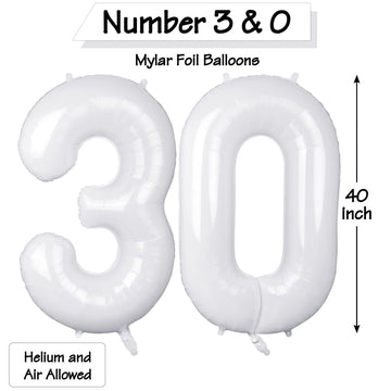 40 Inch White 30 Number Balloons, Jumbo Foil Balloons For 30Th Birthday Party Decorations Supplies / 30Th Anniversary Event