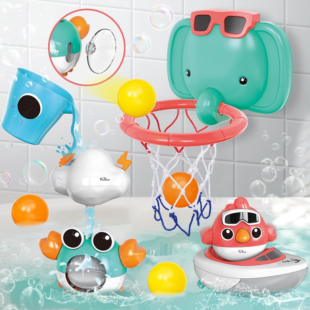 Vatos Baby Bath Toys, Elephant Basketball Hoop Bathroom Baby Toys For Babies Boys Girls 1 Year Old, Baby Bathtub Playset With Bird, Crab, Clouds, Yacht Best Bath Gift For Toddlers 1-3