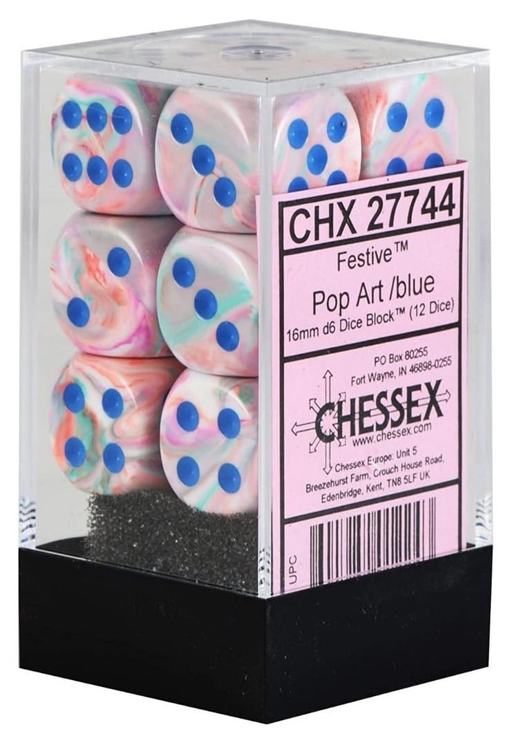 Chessex Manufacturing Chx27744 16 Mm D6 Cube Festive Dice - Pop-Art & Blue, 12 Piece