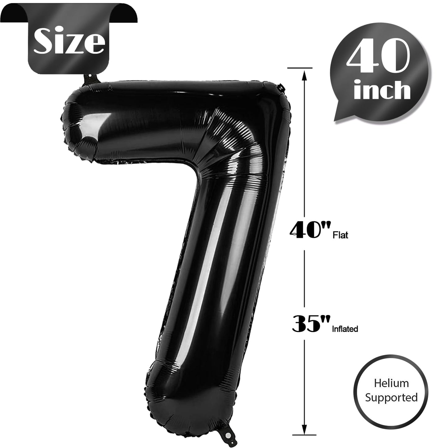 Black Number 7 Balloon 40 Inch, 7 Balloon Number, 7Th Birthday Decorations, Black Party Supplies For Boys Girls