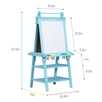 Meeden Art Kids Wooden Easel: Double-Sided Solid Pine Wood Art Easel With Paper Roll - Kids Art Easel With Chalkboard & Magnetic Whiteboard For Boy & Girls Gift - Blue