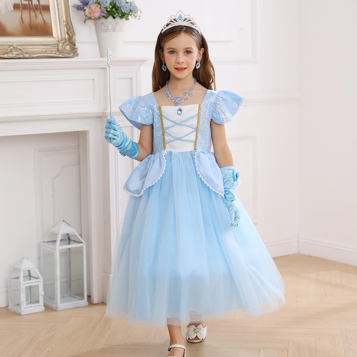 Itvti Princess Cinderella Costume For Girls Kids Cosplay Dress Carnival Halloween Party Outfit, Blue, 7-8 Years